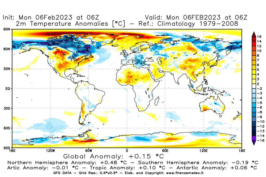 Mappa di analisi GFS - Anomalia Temperatura [°C] a 2 m in World
							del 06/02/2023 06 <!--googleoff: index-->UTC<!--googleon: index-->