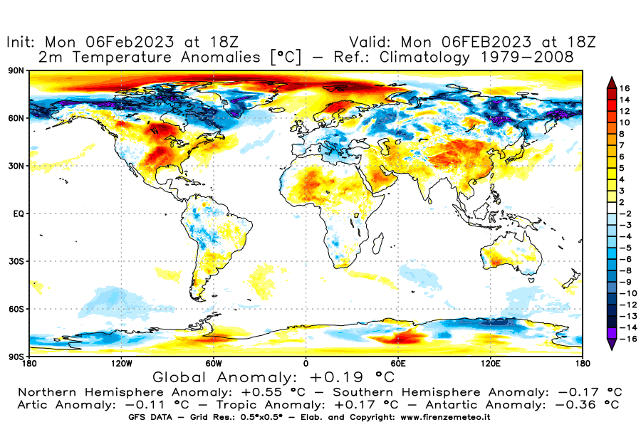 Mappa di analisi GFS - Anomalia Temperatura [°C] a 2 m in World
							del 06/02/2023 18 <!--googleoff: index-->UTC<!--googleon: index-->