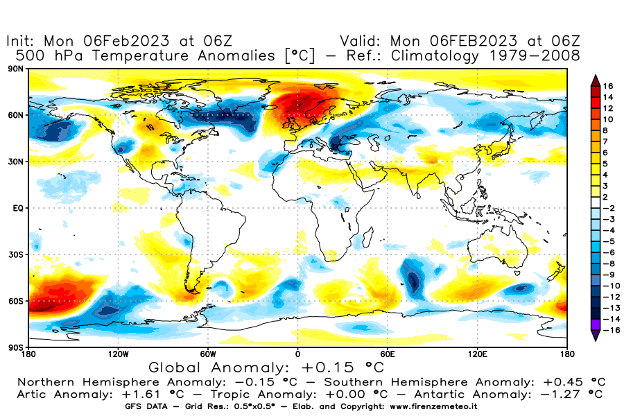 Mappa di analisi GFS - Anomalia Temperatura [°C] a 500 hPa in World
							del 06/02/2023 06 <!--googleoff: index-->UTC<!--googleon: index-->