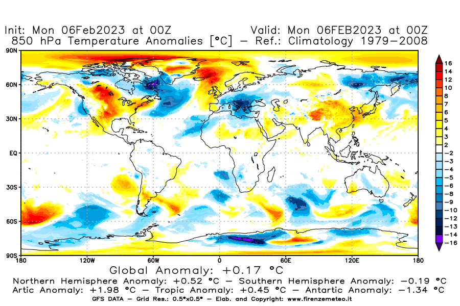 Mappa di analisi GFS - Anomalia Temperatura [°C] a 850 hPa in World
							del 06/02/2023 00 <!--googleoff: index-->UTC<!--googleon: index-->