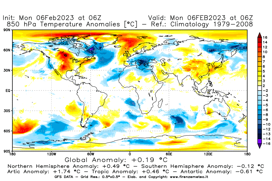 Mappa di analisi GFS - Anomalia Temperatura [°C] a 850 hPa in World
							del 06/02/2023 06 <!--googleoff: index-->UTC<!--googleon: index-->