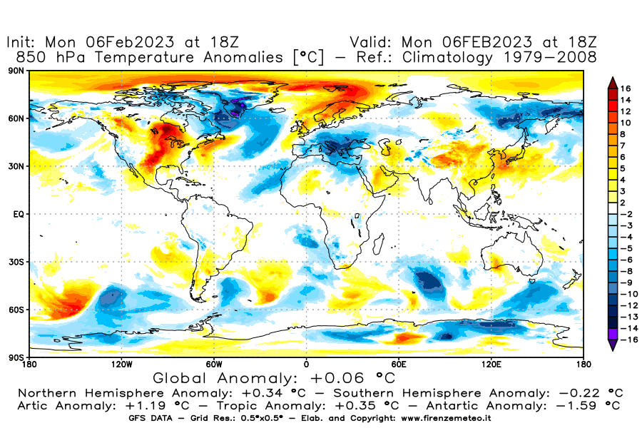 Mappa di analisi GFS - Anomalia Temperatura [°C] a 850 hPa in World
							del 06/02/2023 18 <!--googleoff: index-->UTC<!--googleon: index-->