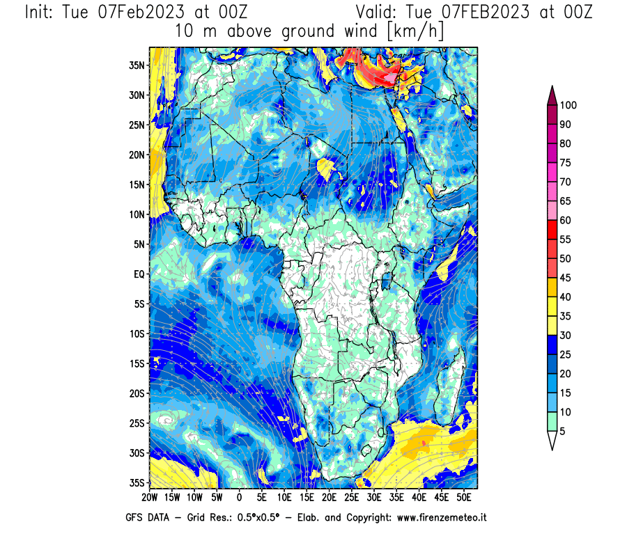 Mappa di analisi GFS - Velocità del vento a 10 metri dal suolo [km/h] in Africa
							del 07/02/2023 00 <!--googleoff: index-->UTC<!--googleon: index-->