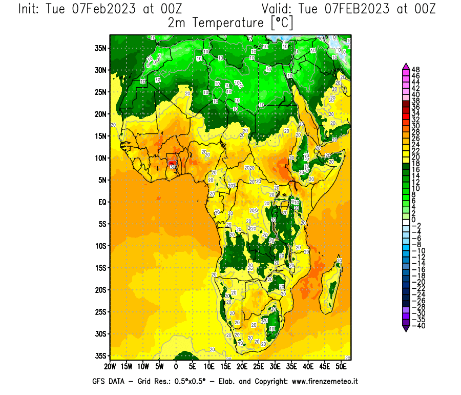 Mappa di analisi GFS - Temperatura a 2 metri dal suolo [°C] in Africa
							del 07/02/2023 00 <!--googleoff: index-->UTC<!--googleon: index-->