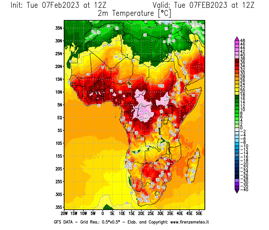 Mappa di analisi GFS - Temperatura a 2 metri dal suolo [°C] in Africa
							del 07/02/2023 12 <!--googleoff: index-->UTC<!--googleon: index-->
