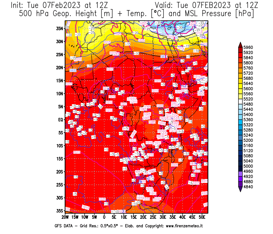 Mappa di analisi GFS - Geopotenziale [m] + Temp. [°C] a 500 hPa + Press. a livello del mare [hPa] in Africa
							del 07/02/2023 12 <!--googleoff: index-->UTC<!--googleon: index-->