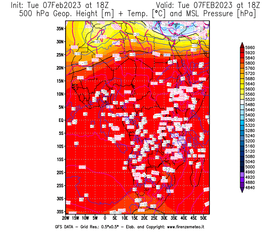 Mappa di analisi GFS - Geopotenziale [m] + Temp. [°C] a 500 hPa + Press. a livello del mare [hPa] in Africa
							del 07/02/2023 18 <!--googleoff: index-->UTC<!--googleon: index-->