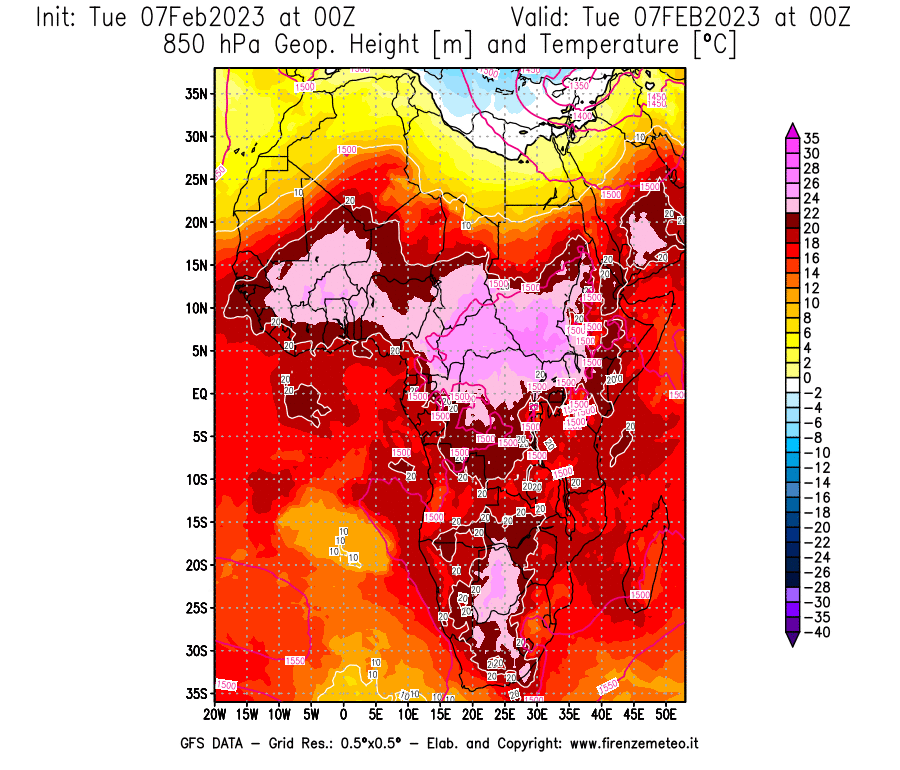 Mappa di analisi GFS - Geopotenziale [m] e Temperatura [°C] a 850 hPa in Africa
							del 07/02/2023 00 <!--googleoff: index-->UTC<!--googleon: index-->