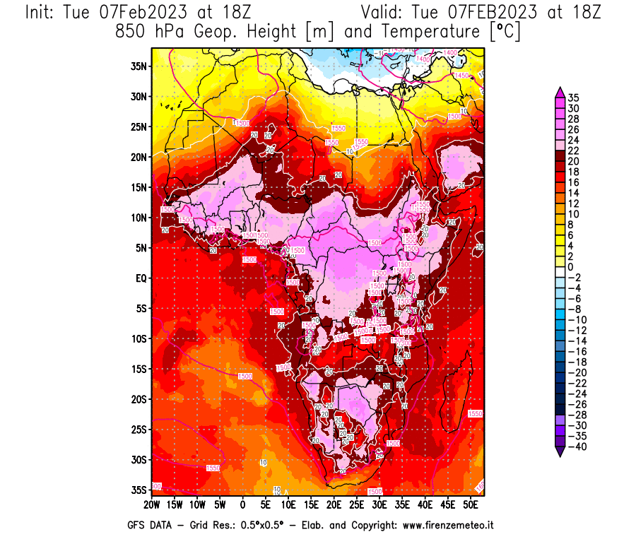 Mappa di analisi GFS - Geopotenziale [m] e Temperatura [°C] a 850 hPa in Africa
							del 07/02/2023 18 <!--googleoff: index-->UTC<!--googleon: index-->