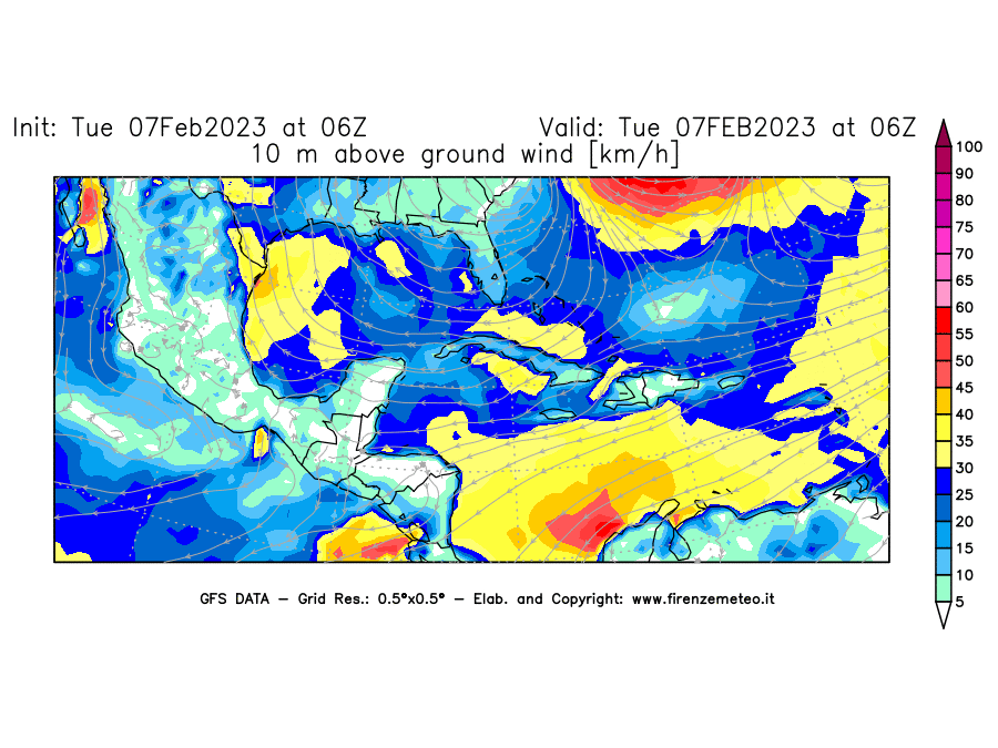 Mappa di analisi GFS - Velocità del vento a 10 metri dal suolo in Centro-America
							del 7 febbraio 2023 z06