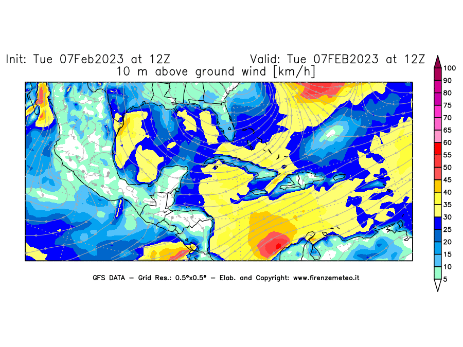 Mappa di analisi GFS - Velocità del vento a 10 metri dal suolo [km/h] in Centro-America
							del 07/02/2023 12 <!--googleoff: index-->UTC<!--googleon: index-->
