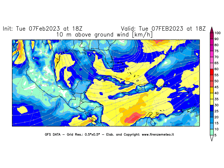 Mappa di analisi GFS - Velocità del vento a 10 metri dal suolo [km/h] in Centro-America
							del 07/02/2023 18 <!--googleoff: index-->UTC<!--googleon: index-->