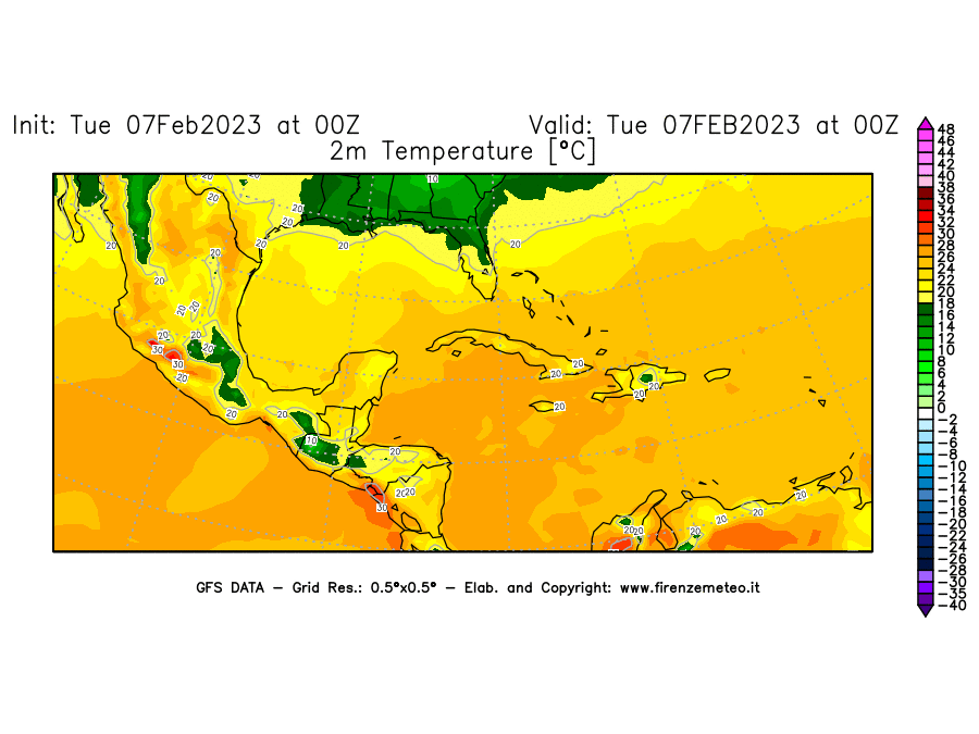 Mappa di analisi GFS - Temperatura a 2 metri dal suolo [°C] in Centro-America
							del 07/02/2023 00 <!--googleoff: index-->UTC<!--googleon: index-->