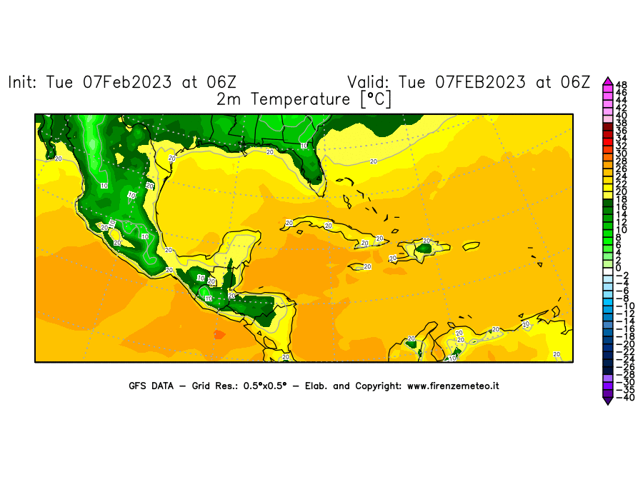 Mappa di analisi GFS - Temperatura a 2 metri dal suolo [°C] in Centro-America
							del 07/02/2023 06 <!--googleoff: index-->UTC<!--googleon: index-->