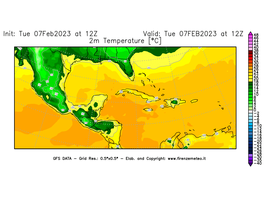 Mappa di analisi GFS - Temperatura a 2 metri dal suolo [°C] in Centro-America
							del 07/02/2023 12 <!--googleoff: index-->UTC<!--googleon: index-->