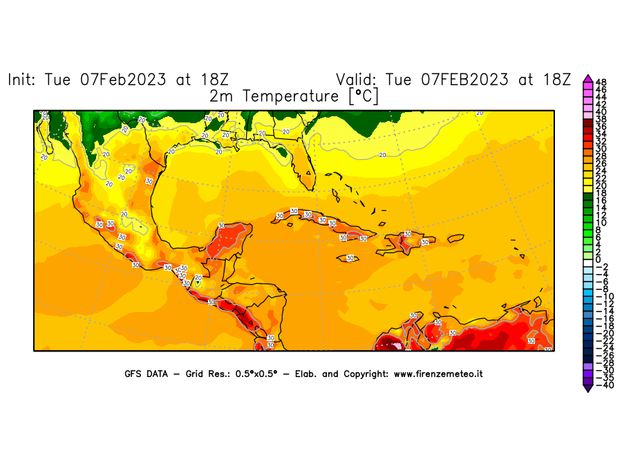 Mappa di analisi GFS - Temperatura a 2 metri dal suolo [°C] in Centro-America
							del 07/02/2023 18 <!--googleoff: index-->UTC<!--googleon: index-->