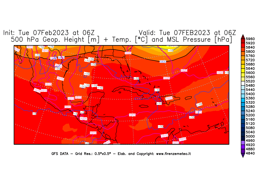 Mappa di analisi GFS - Geopotenziale [m] + Temp. [°C] a 500 hPa + Press. a livello del mare [hPa] in Centro-America
							del 07/02/2023 06 <!--googleoff: index-->UTC<!--googleon: index-->