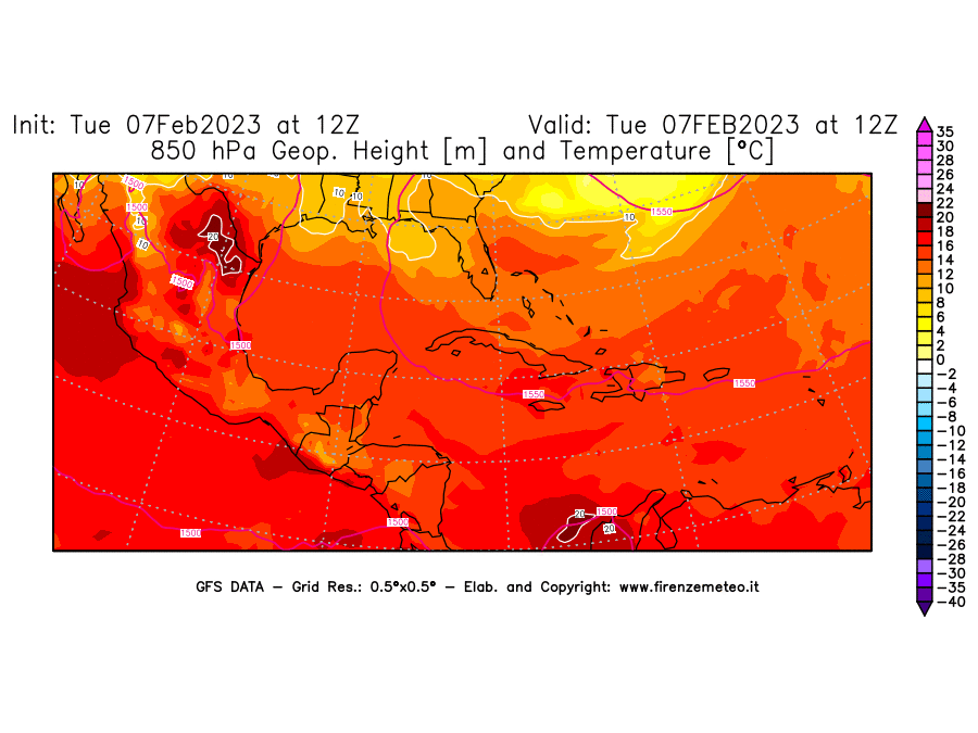 Mappa di analisi GFS - Geopotenziale [m] e Temperatura [°C] a 850 hPa in Centro-America
							del 07/02/2023 12 <!--googleoff: index-->UTC<!--googleon: index-->