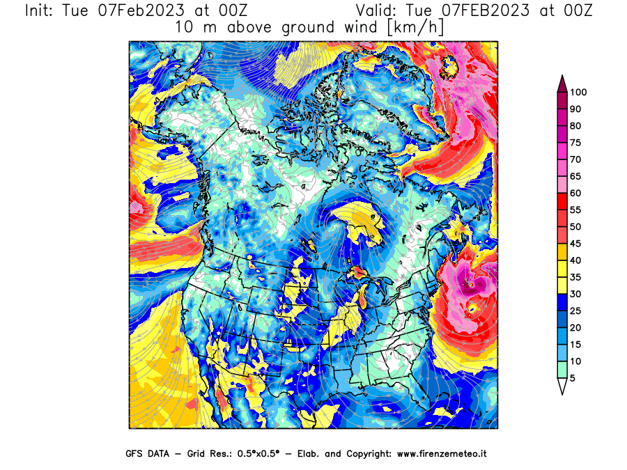 Mappa di analisi GFS - Velocità del vento a 10 metri dal suolo in Nord-America
							del 7 febbraio 2023 z00