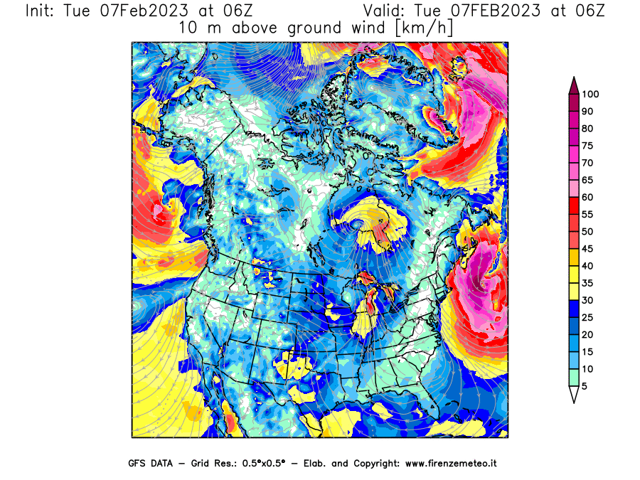 Mappa di analisi GFS - Velocità del vento a 10 metri dal suolo in Nord-America
							del 7 febbraio 2023 z06