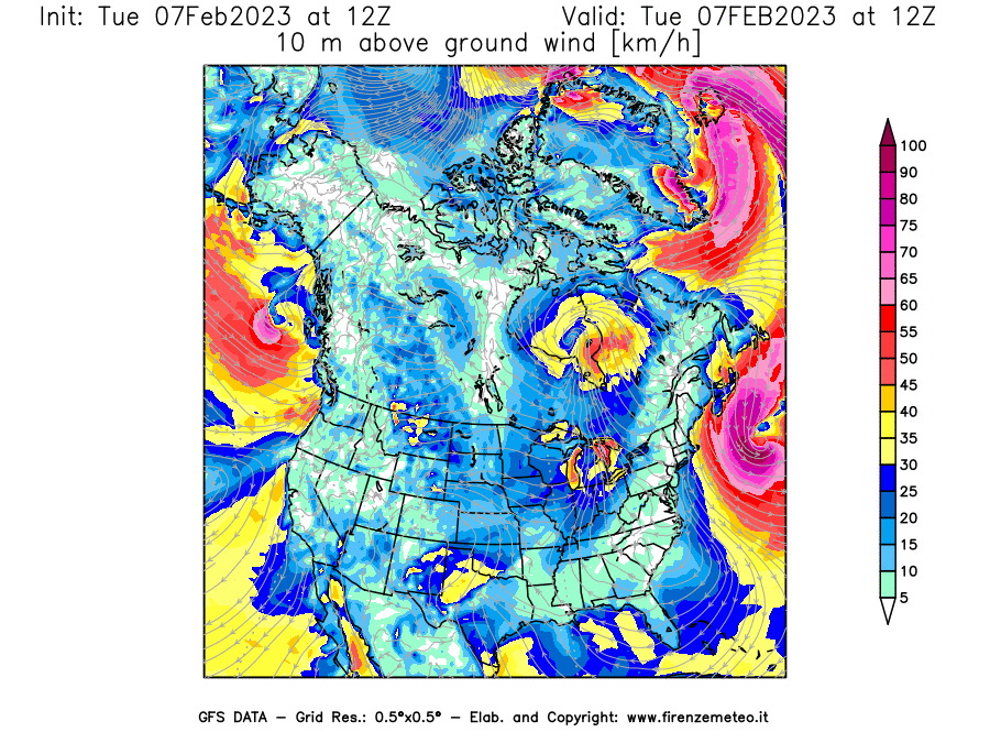Mappa di analisi GFS - Velocità del vento a 10 metri dal suolo [km/h] in Nord-America
							del 07/02/2023 12 <!--googleoff: index-->UTC<!--googleon: index-->