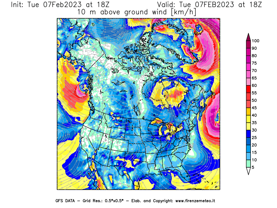 Mappa di analisi GFS - Velocità del vento a 10 metri dal suolo [km/h] in Nord-America
							del 07/02/2023 18 <!--googleoff: index-->UTC<!--googleon: index-->