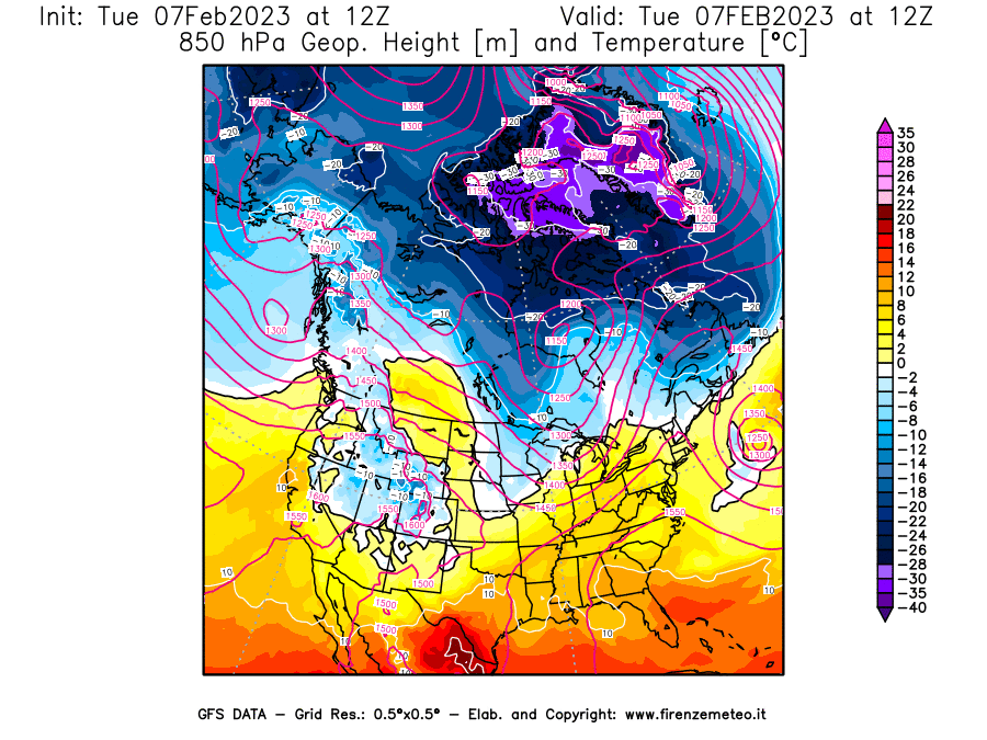 Mappa di analisi GFS - Geopotenziale [m] e Temperatura [°C] a 850 hPa in Nord-America
							del 07/02/2023 12 <!--googleoff: index-->UTC<!--googleon: index-->