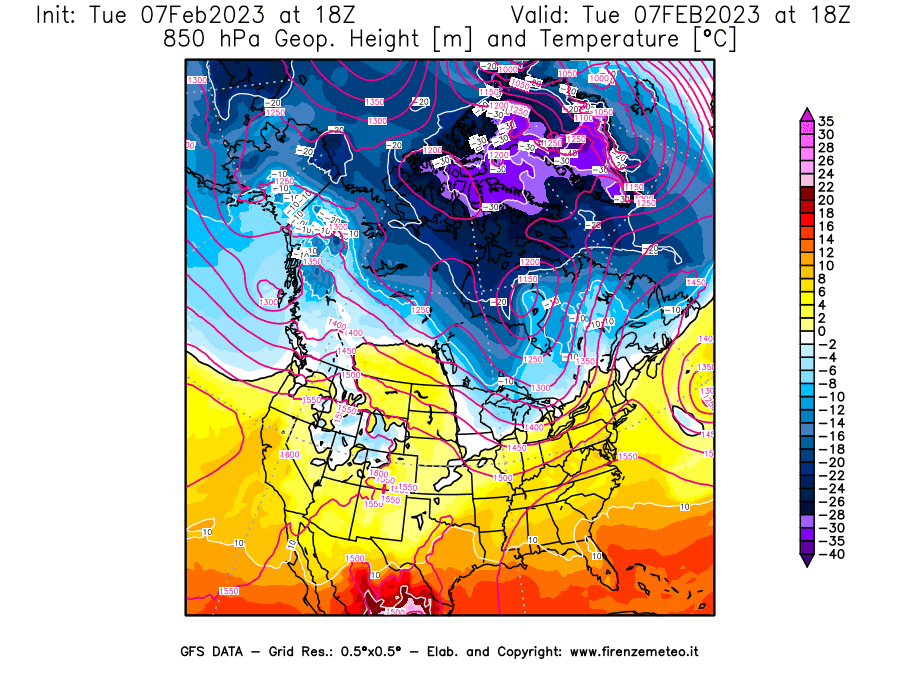Mappa di analisi GFS - Geopotenziale [m] e Temperatura [°C] a 850 hPa in Nord-America
							del 07/02/2023 18 <!--googleoff: index-->UTC<!--googleon: index-->