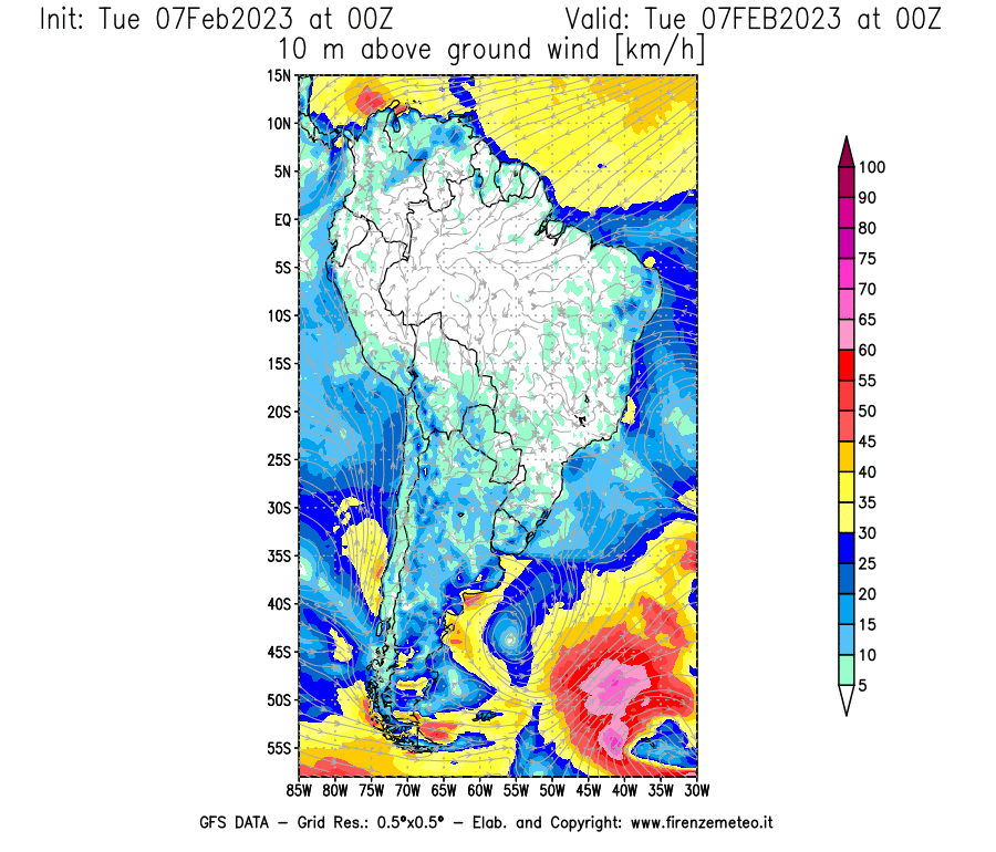 Mappa di analisi GFS - Velocità del vento a 10 metri dal suolo [km/h] in Sud-America
							del 07/02/2023 00 <!--googleoff: index-->UTC<!--googleon: index-->