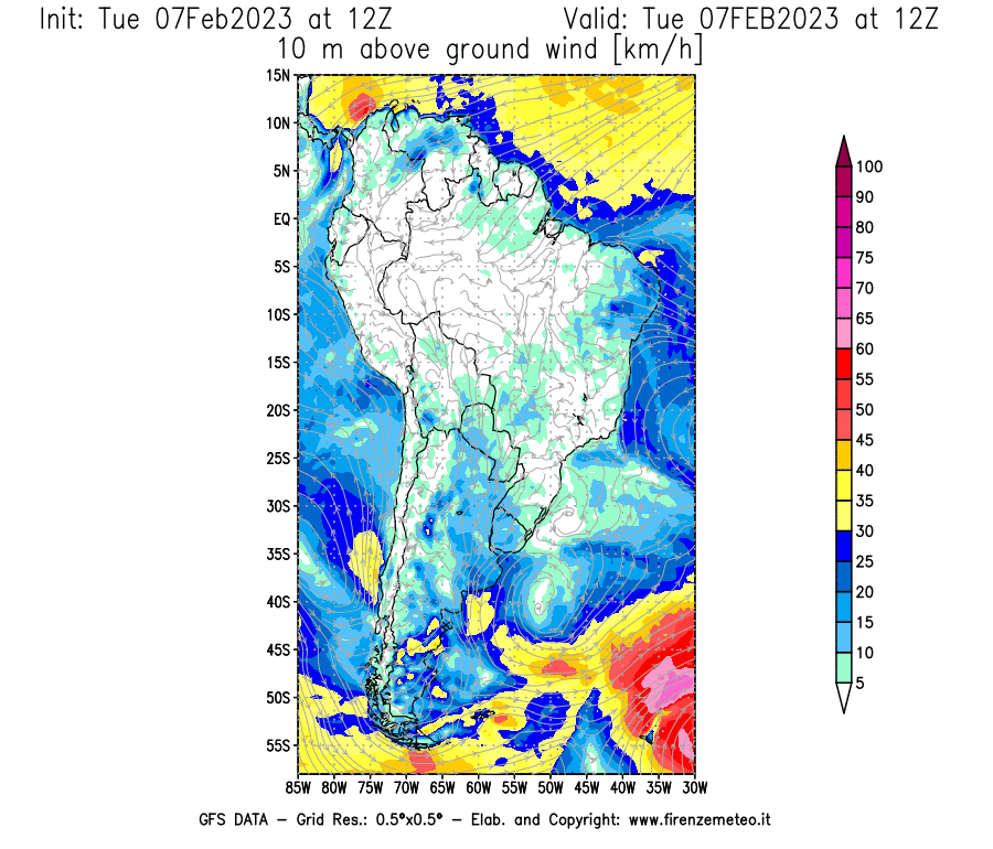 Mappa di analisi GFS - Velocità del vento a 10 metri dal suolo [km/h] in Sud-America
							del 07/02/2023 12 <!--googleoff: index-->UTC<!--googleon: index-->