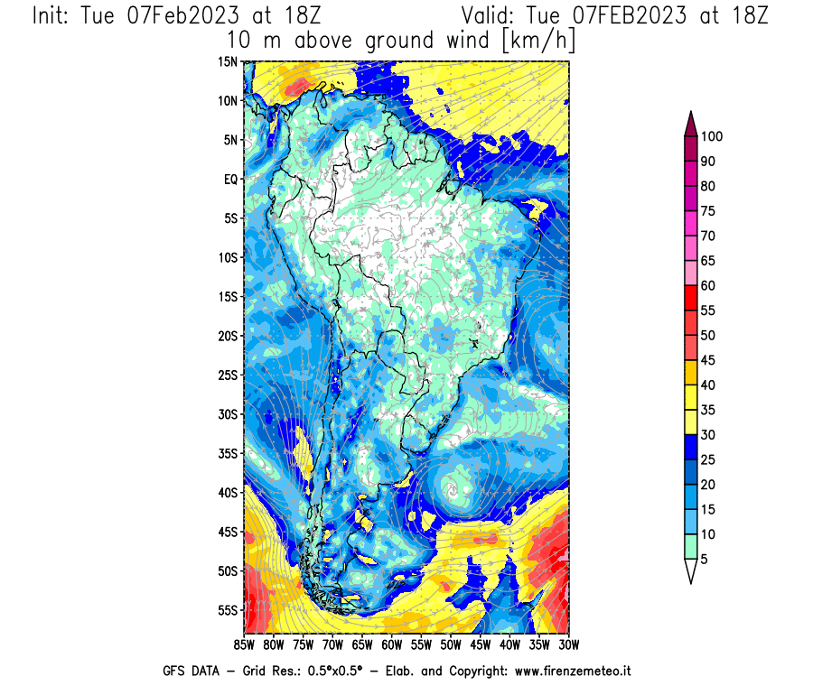 Mappa di analisi GFS - Velocità del vento a 10 metri dal suolo [km/h] in Sud-America
							del 07/02/2023 18 <!--googleoff: index-->UTC<!--googleon: index-->