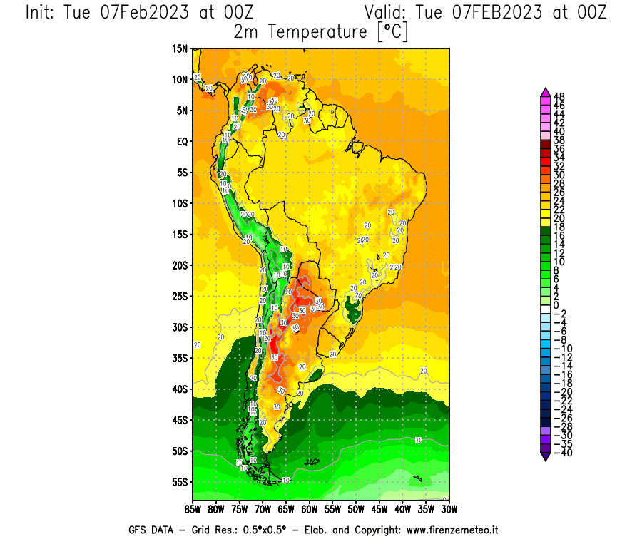 Mappa di analisi GFS - Temperatura a 2 metri dal suolo [°C] in Sud-America
							del 07/02/2023 00 <!--googleoff: index-->UTC<!--googleon: index-->