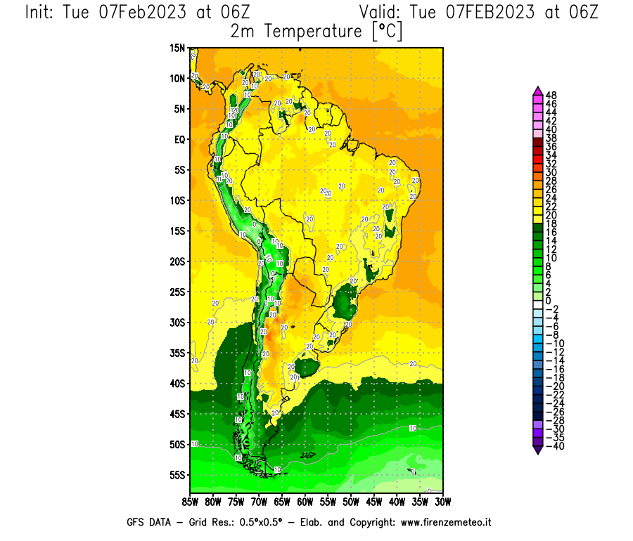 Mappa di analisi GFS - Temperatura a 2 metri dal suolo [°C] in Sud-America
							del 07/02/2023 06 <!--googleoff: index-->UTC<!--googleon: index-->