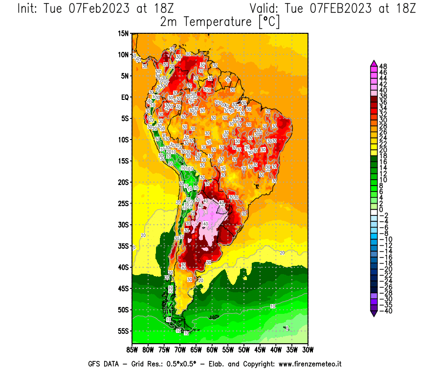 Mappa di analisi GFS - Temperatura a 2 metri dal suolo [°C] in Sud-America
							del 07/02/2023 18 <!--googleoff: index-->UTC<!--googleon: index-->