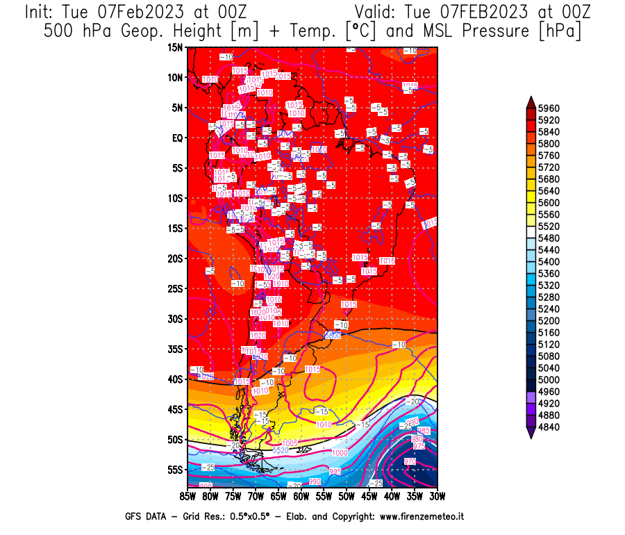 Mappa di analisi GFS - Geopotenziale [m] + Temp. [°C] a 500 hPa + Press. a livello del mare [hPa] in Sud-America
							del 07/02/2023 00 <!--googleoff: index-->UTC<!--googleon: index-->