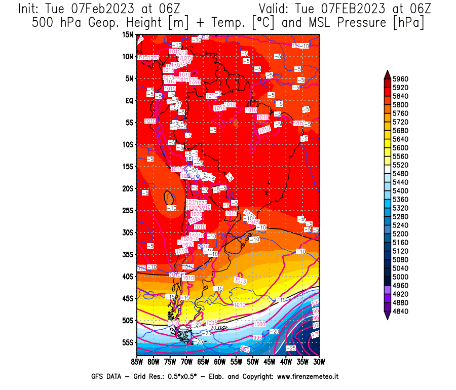 Mappa di analisi GFS - Geopotenziale [m] + Temp. [°C] a 500 hPa + Press. a livello del mare [hPa] in Sud-America
							del 07/02/2023 06 <!--googleoff: index-->UTC<!--googleon: index-->