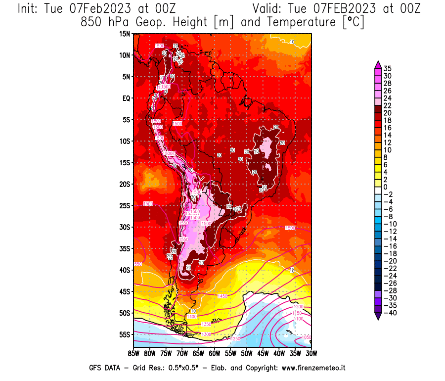 Mappa di analisi GFS - Geopotenziale [m] e Temperatura [°C] a 850 hPa in Sud-America
							del 07/02/2023 00 <!--googleoff: index-->UTC<!--googleon: index-->