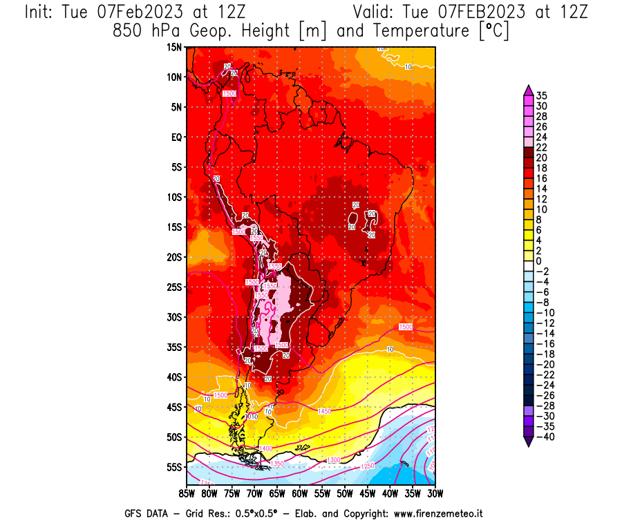 Mappa di analisi GFS - Geopotenziale [m] e Temperatura [°C] a 850 hPa in Sud-America
							del 07/02/2023 12 <!--googleoff: index-->UTC<!--googleon: index-->