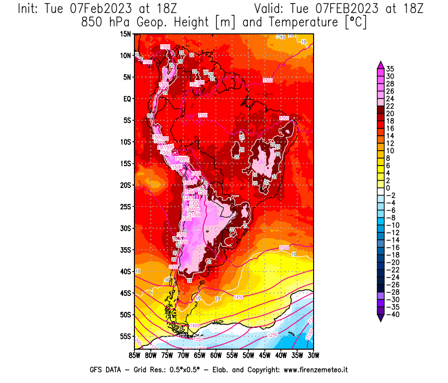 Mappa di analisi GFS - Geopotenziale [m] e Temperatura [°C] a 850 hPa in Sud-America
							del 07/02/2023 18 <!--googleoff: index-->UTC<!--googleon: index-->
