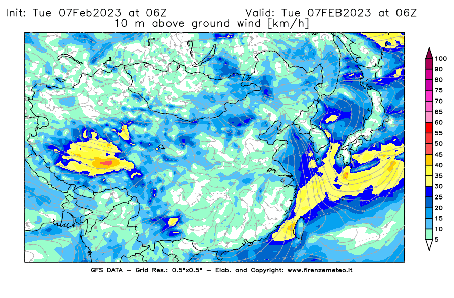 Mappa di analisi GFS - Velocità del vento a 10 metri dal suolo [km/h] in Asia Orientale
							del 07/02/2023 06 <!--googleoff: index-->UTC<!--googleon: index-->