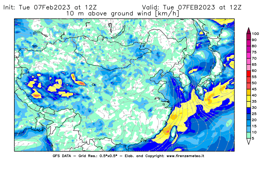 Mappa di analisi GFS - Velocità del vento a 10 metri dal suolo [km/h] in Asia Orientale
							del 07/02/2023 12 <!--googleoff: index-->UTC<!--googleon: index-->