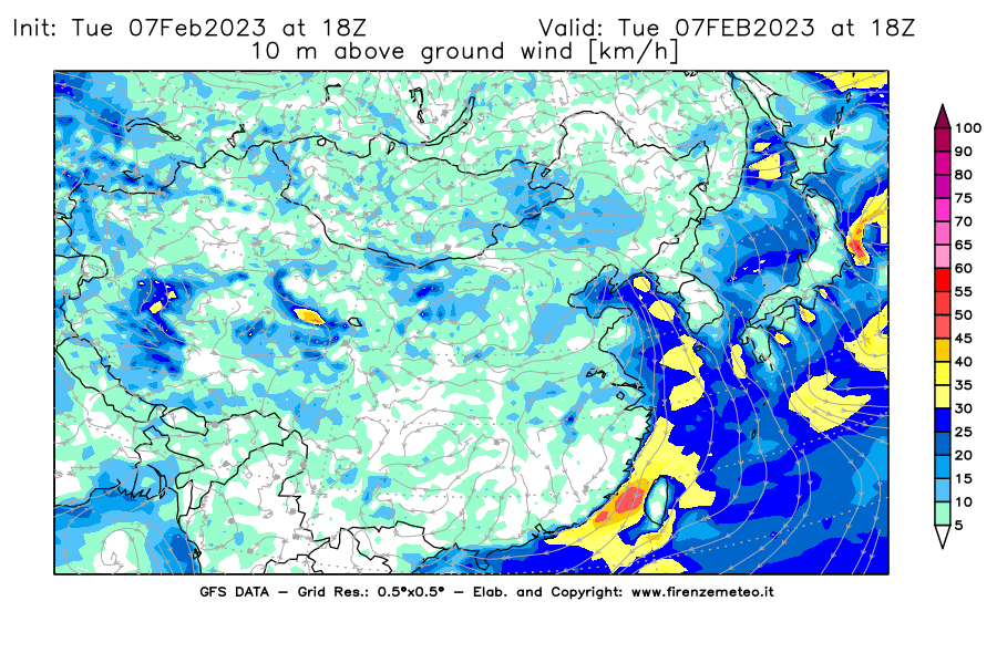 Mappa di analisi GFS - Velocità del vento a 10 metri dal suolo [km/h] in Asia Orientale
							del 07/02/2023 18 <!--googleoff: index-->UTC<!--googleon: index-->