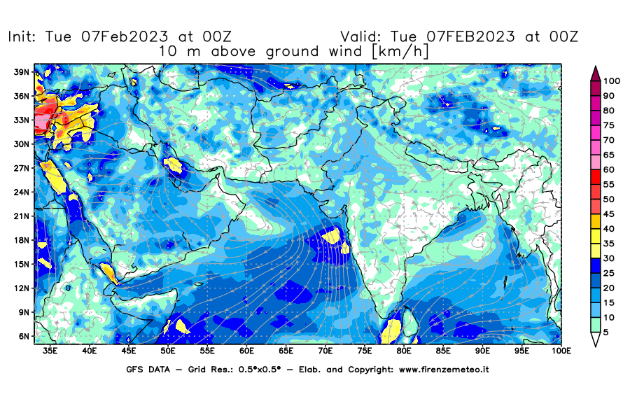 Mappa di analisi GFS - Velocità del vento a 10 metri dal suolo [km/h] in Asia Sud-Occidentale
							del 07/02/2023 00 <!--googleoff: index-->UTC<!--googleon: index-->