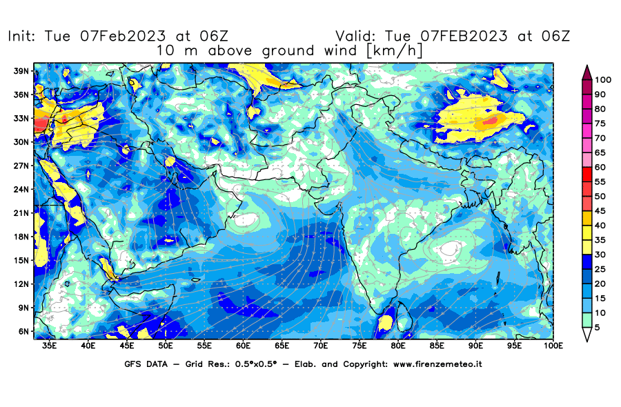 Mappa di analisi GFS - Velocità del vento a 10 metri dal suolo [km/h] in Asia Sud-Occidentale
							del 07/02/2023 06 <!--googleoff: index-->UTC<!--googleon: index-->