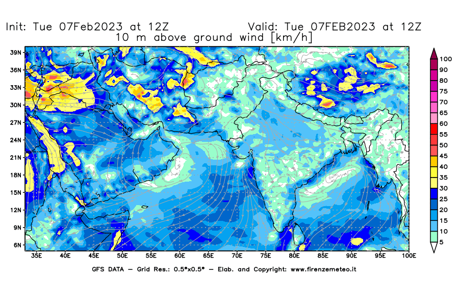 Mappa di analisi GFS - Velocità del vento a 10 metri dal suolo [km/h] in Asia Sud-Occidentale
							del 07/02/2023 12 <!--googleoff: index-->UTC<!--googleon: index-->