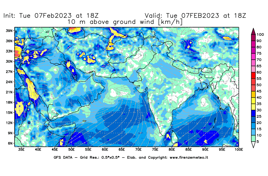 Mappa di analisi GFS - Velocità del vento a 10 metri dal suolo in Asia Sud-Occidentale
							del 7 febbraio 2023 z18