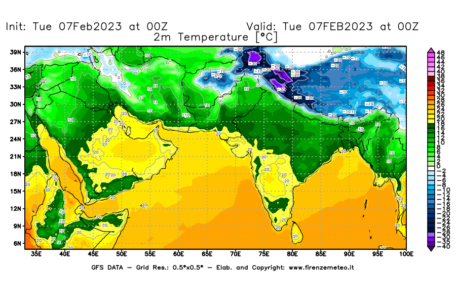 Mappa di analisi GFS - Temperatura a 2 metri dal suolo [°C] in Asia Sud-Occidentale
							del 07/02/2023 00 <!--googleoff: index-->UTC<!--googleon: index-->