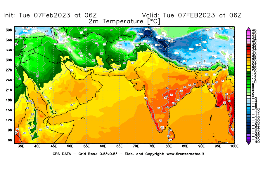 Mappa di analisi GFS - Temperatura a 2 metri dal suolo [°C] in Asia Sud-Occidentale
							del 07/02/2023 06 <!--googleoff: index-->UTC<!--googleon: index-->