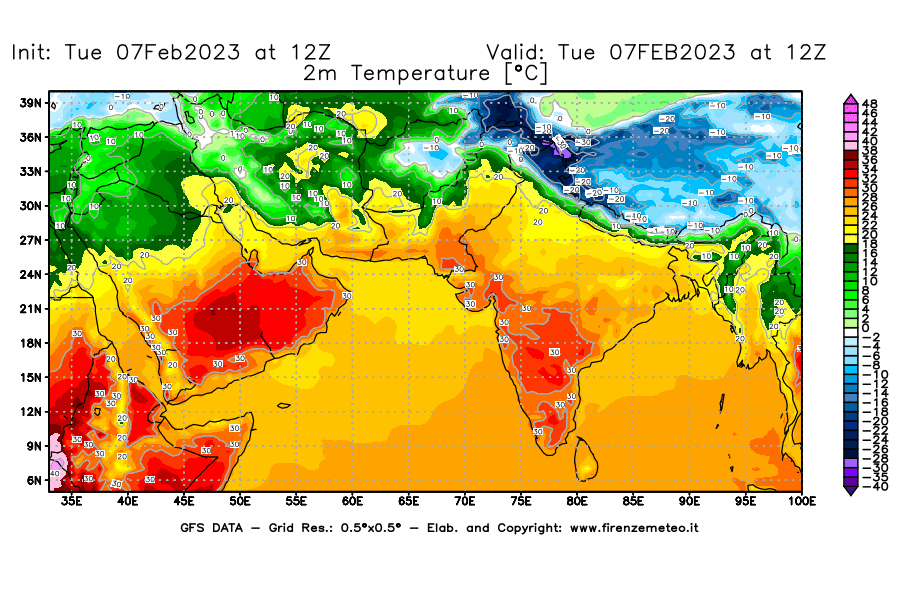 Mappa di analisi GFS - Temperatura a 2 metri dal suolo [°C] in Asia Sud-Occidentale
							del 07/02/2023 12 <!--googleoff: index-->UTC<!--googleon: index-->