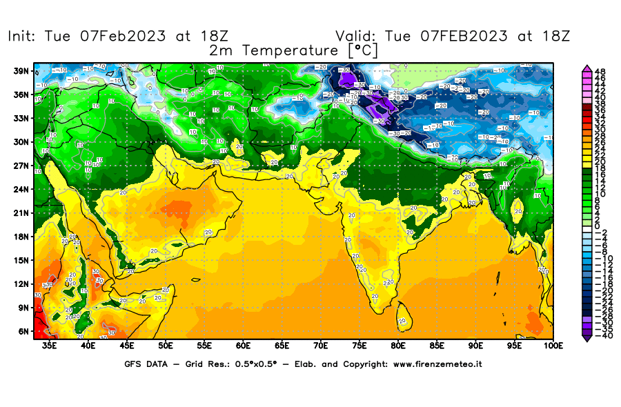 Mappa di analisi GFS - Temperatura a 2 metri dal suolo [°C] in Asia Sud-Occidentale
							del 07/02/2023 18 <!--googleoff: index-->UTC<!--googleon: index-->